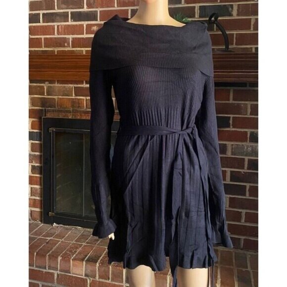 VERTIGO Cowl Neck Pleated Skirt Waist Tie Ribbed Knit Mini Dress Size M Black - Picture 16 of 16